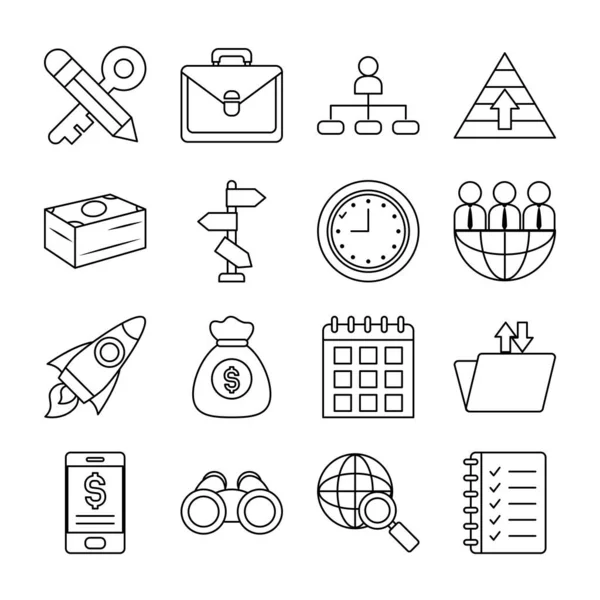 Horloge et icône de stratégie ensemble, style de ligne — Image vectorielle