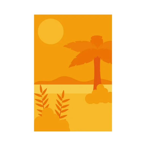 Zomer oranje banner met palmboom aan strand en bladeren vector ontwerp — Stockvector
