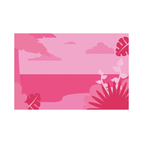 有棕榈树和树叶的夏季粉色横幅的海滩矢量设计 — 图库矢量图片