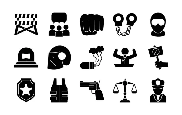 Manifestación y protesta silueta estilo icono conjunto vector diseño — Archivo Imágenes Vectoriales