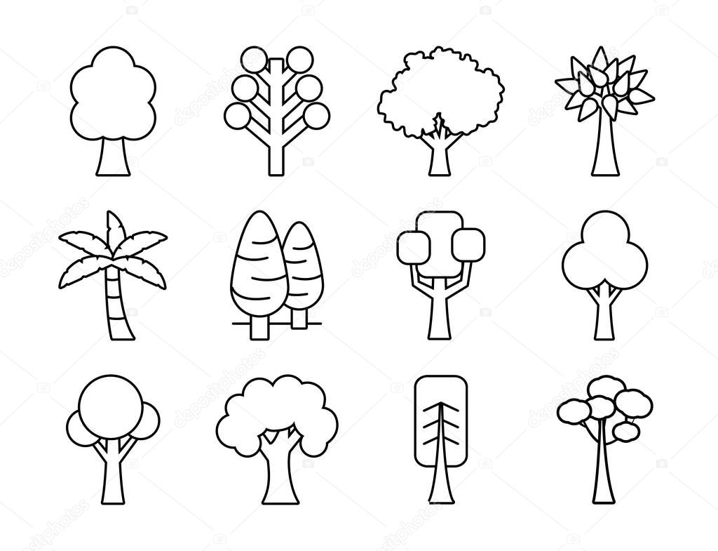 trees line style icon set vector design