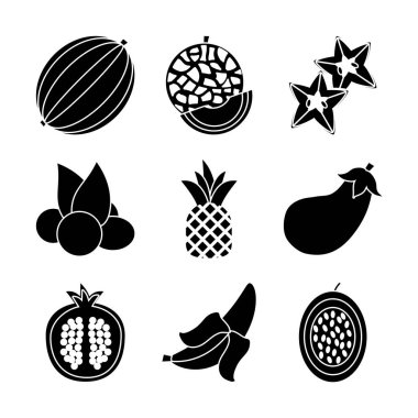 Karpuz ve egzotik meyve ikonu seti, siluet tarzı