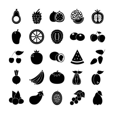 kiraz ve egzotik meyve ikonu seti, siluet tarzı