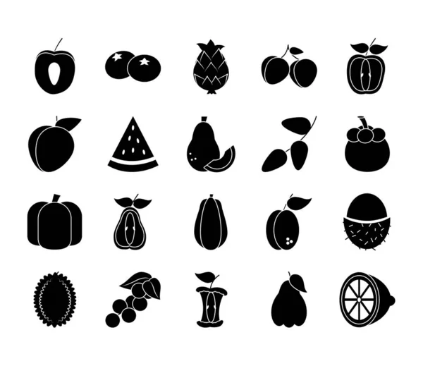 Conjunto de iconos de calabaza y frutas exóticas, estilo silueta — Vector de stock