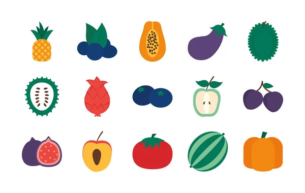 Conjunto de iconos de pera y frutas exóticas, estilo plano — Vector de stock