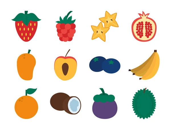 Plátanos y frutas saludables icono conjunto, estilo plano — Vector de stock