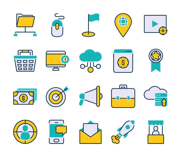 Icono conjunto de megáfono y concepto de marketing, línea y estilo de relleno — Vector de stock