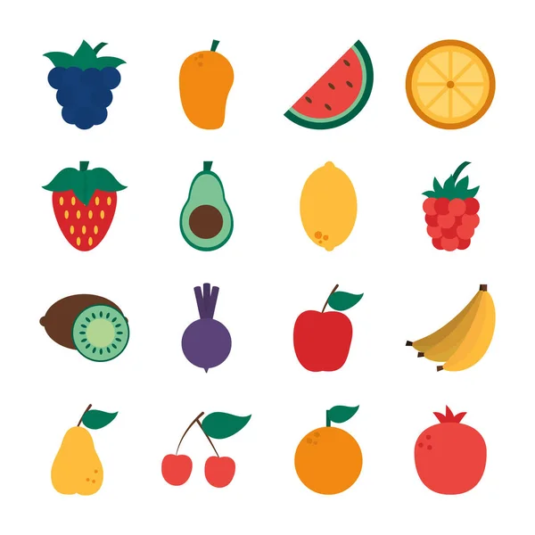 Apfel und gesunde Früchte Symbolset, flacher Stil — Stockvektor