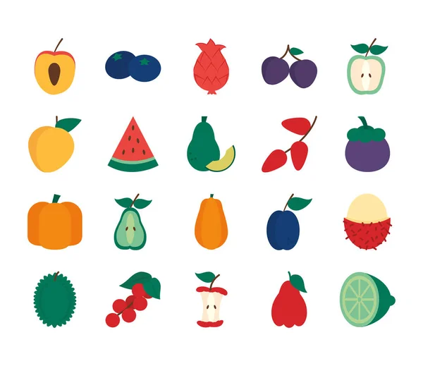 Conjunto de iconos de calabaza y frutas exóticas, estilo plano — Vector de stock