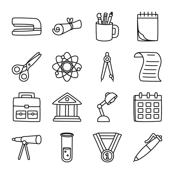 Icono conjunto de grapadora y útiles escolares, estilo de línea — Vector de stock
