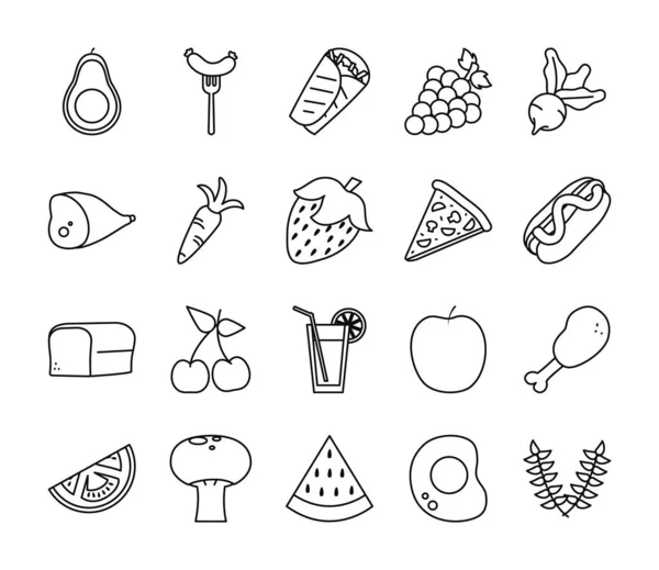 Estilo de línea de alimentos icono conjunto vector de diseño — Vector de stock