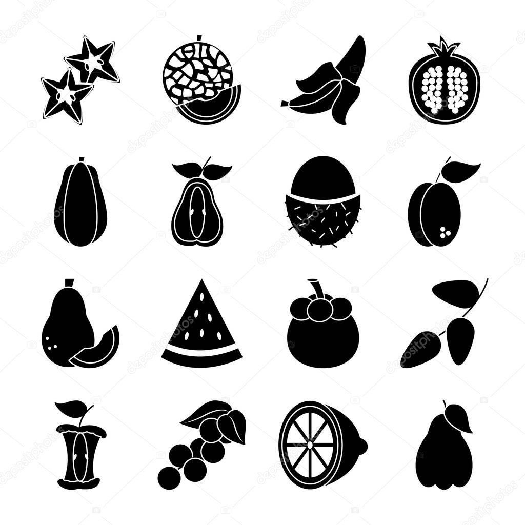 lemon and exotic fruits icon set, silhouette style