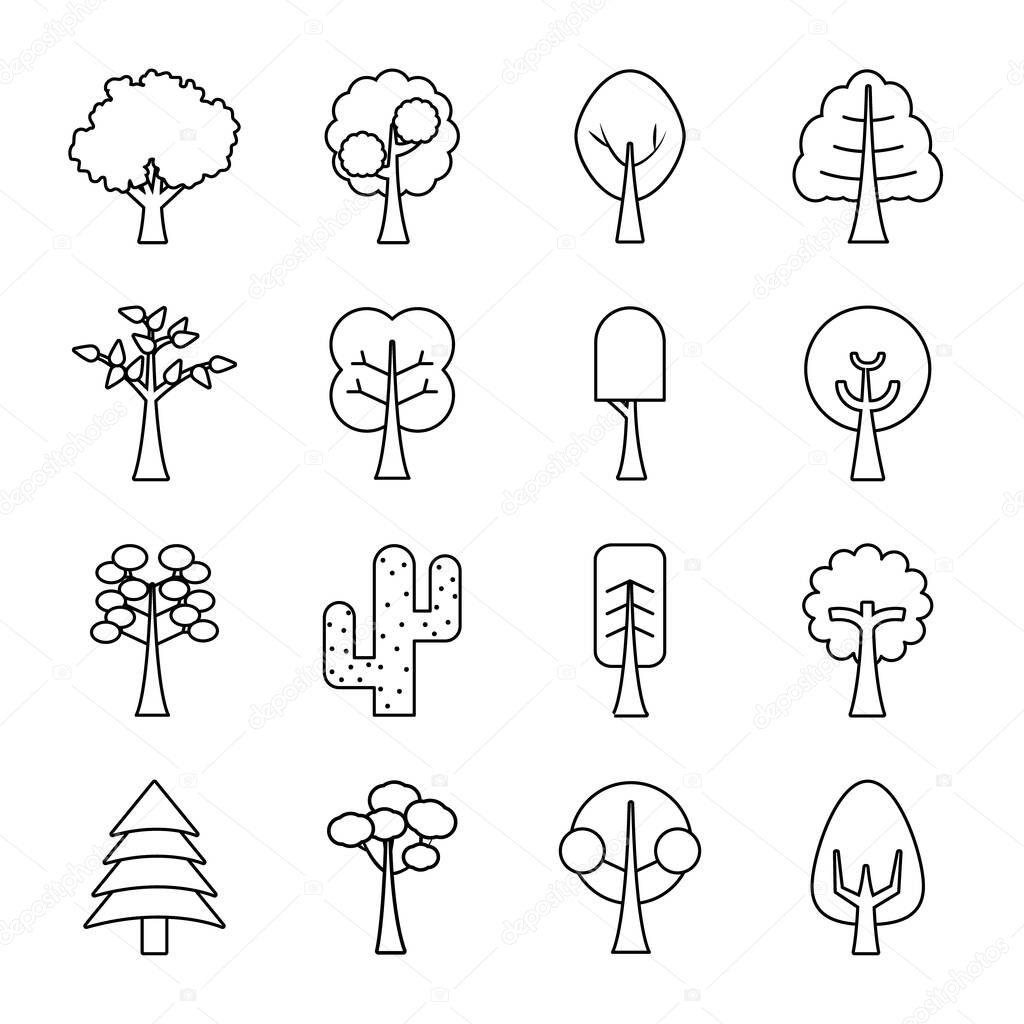 trees line style icon set vector design