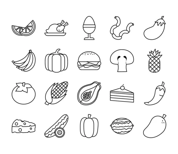 Estilo de línea de alimentos icono conjunto vector de diseño — Vector de stock