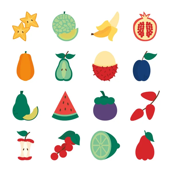 Conjunto de iconos de frutas exóticas y limón, estilo plano — Vector de stock