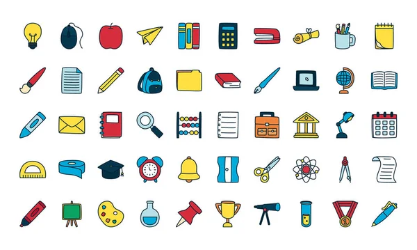 Set di icone, riempimento e stile linea dei materiali scolastici — Vettoriale Stock