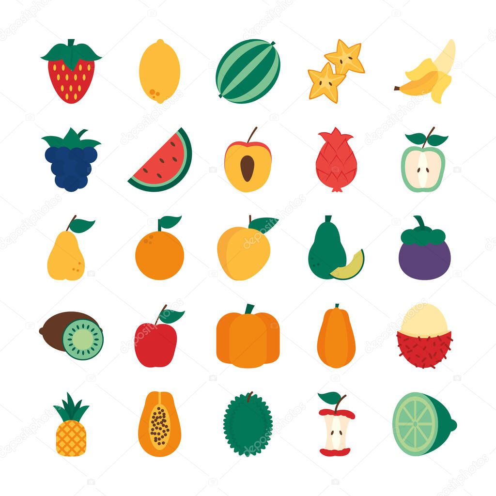 watermelon and healthy fruits icon set, flat style