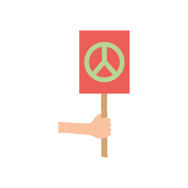 protest concept, hand holding a placard with peace symbol icon, flat style
