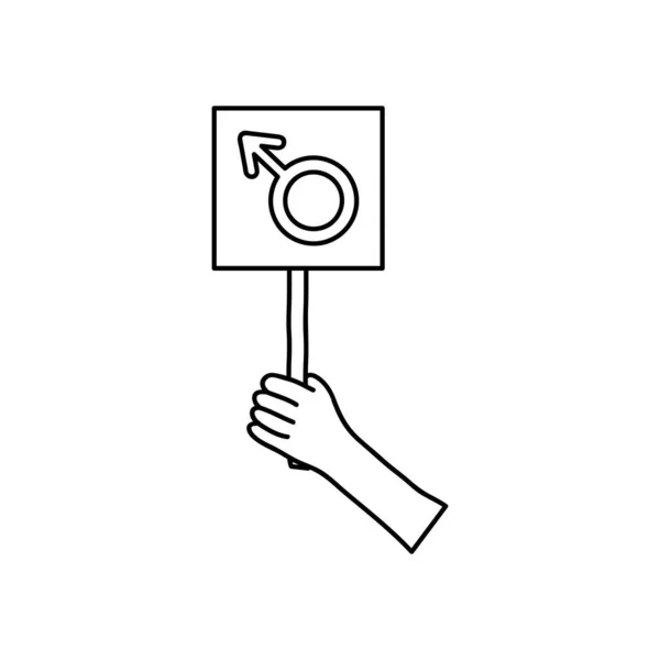 Koncepcja protestu, trzymanie tabliczki z ikoną męskiego symbolu, styl linii — Wektor stockowy