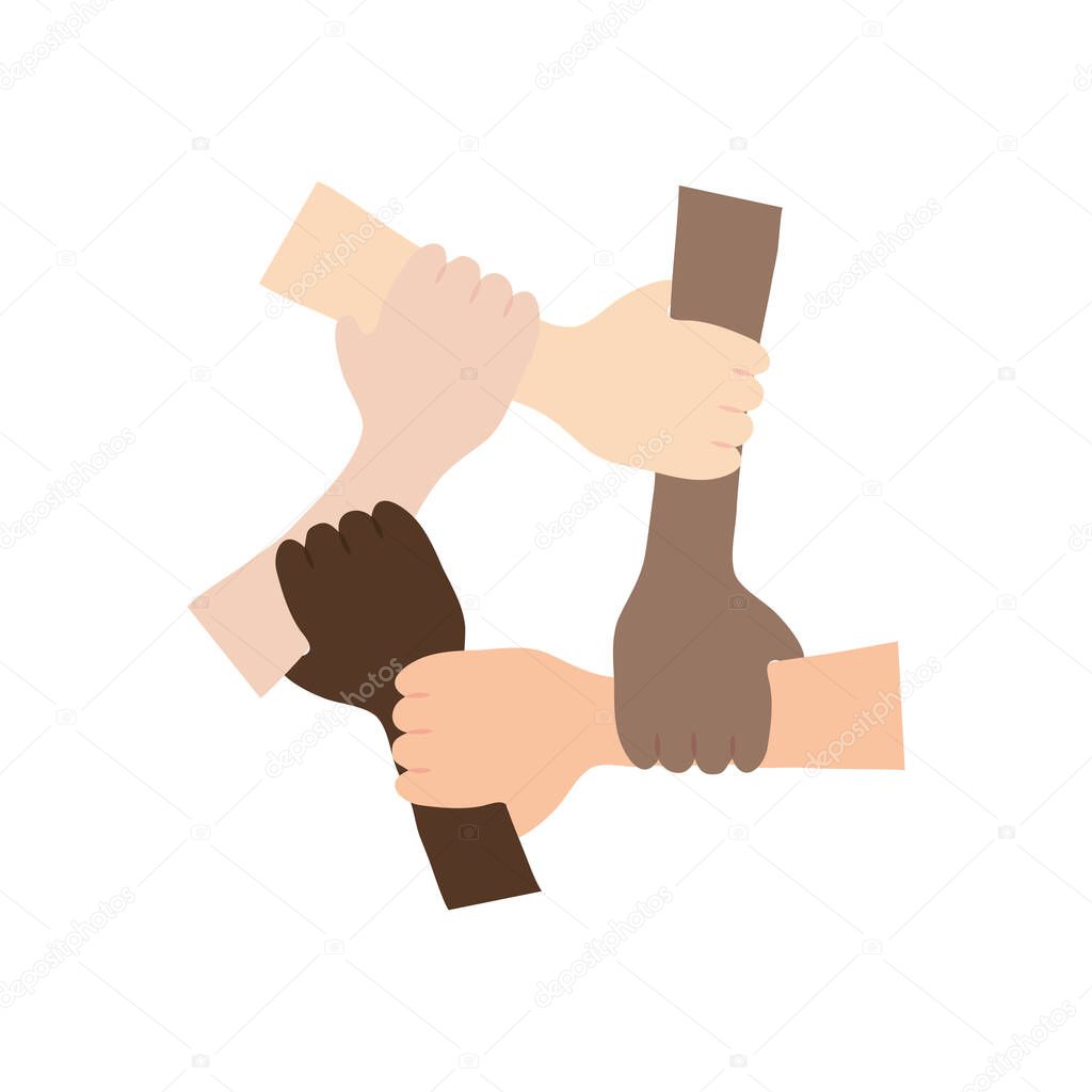 protest concept, Five Human Hands Holding Eachother For Solidarity And Unity, flat style