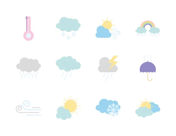 Icon set of thermometer and weather, flat style — Stock Vector