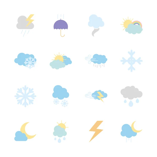 Copo de nieve y el tiempo icono conjunto, estilo plano — Vector de stock