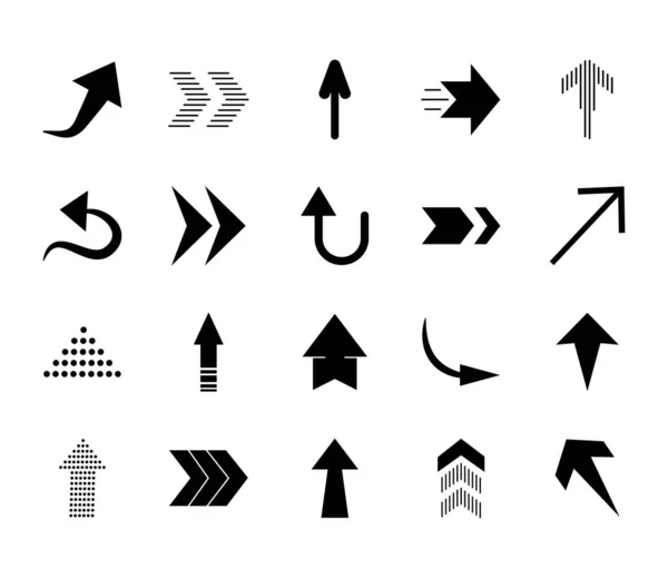Flechas delgadas y flechas icono conjunto, estilo de silueta — Vector de stock