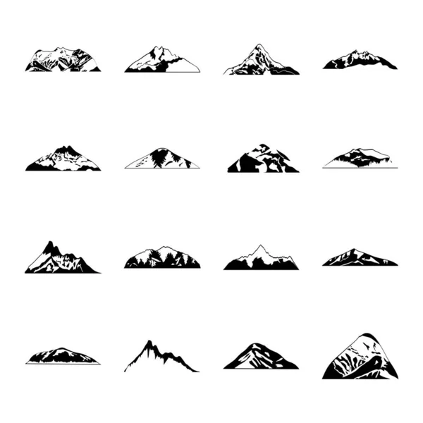 Zasněžené hory a hory ikona sada, silueta styl — Stockový vektor