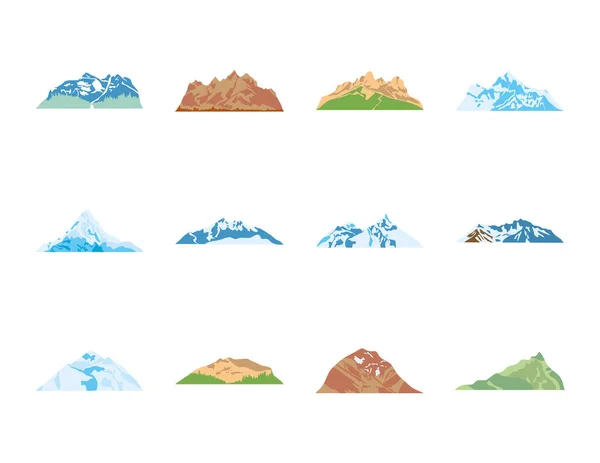 Conjunto de iconos de montañas plegadas, estilo plano — Archivo Imágenes Vectoriales