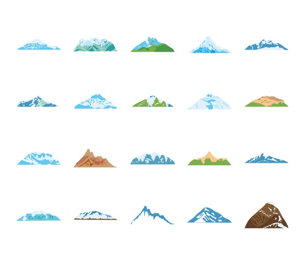 Montanhas frias e montanhas conjunto de ícones, estilo plano — Vetor de Stock