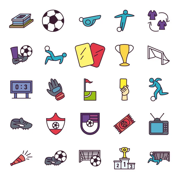 Línea de fútbol y relleno icono estilo conjunto vector diseño — Vector de stock
