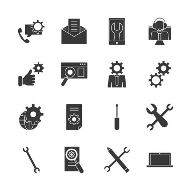 dizüstü bilgisayar ve teknik servis simgesi seti, siluet biçimi