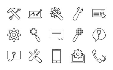 İngiliz anahtarı aracı ve Teknik servis simgesi seti, satır biçimi