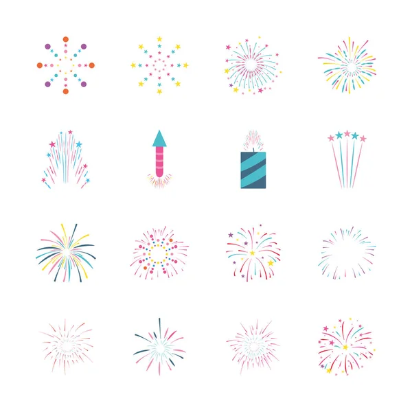 Icon set of fireworks rocket and bursts, flat style — Stock Vector