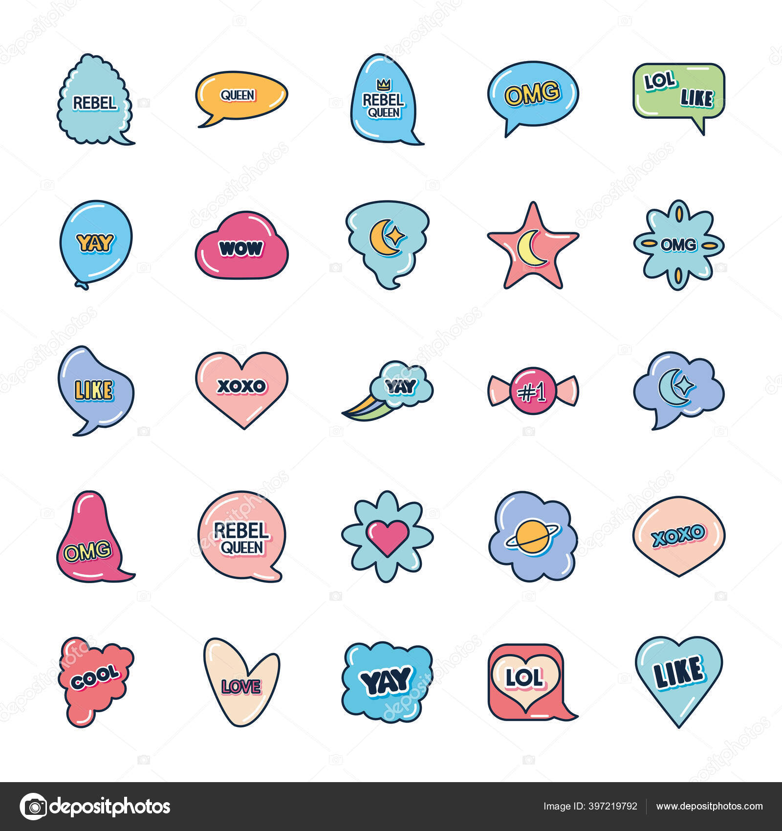 Speech bubbles and slang bubbles icon set, flat style Stock Vector by