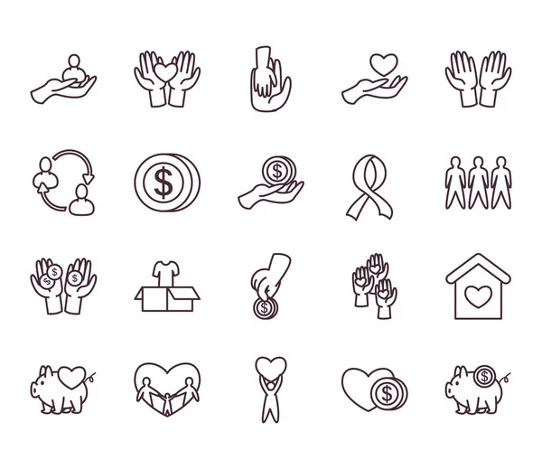 Diseño de vectores conjunto de iconos de estilo línea de caridad y donación — Archivo Imágenes Vectoriales