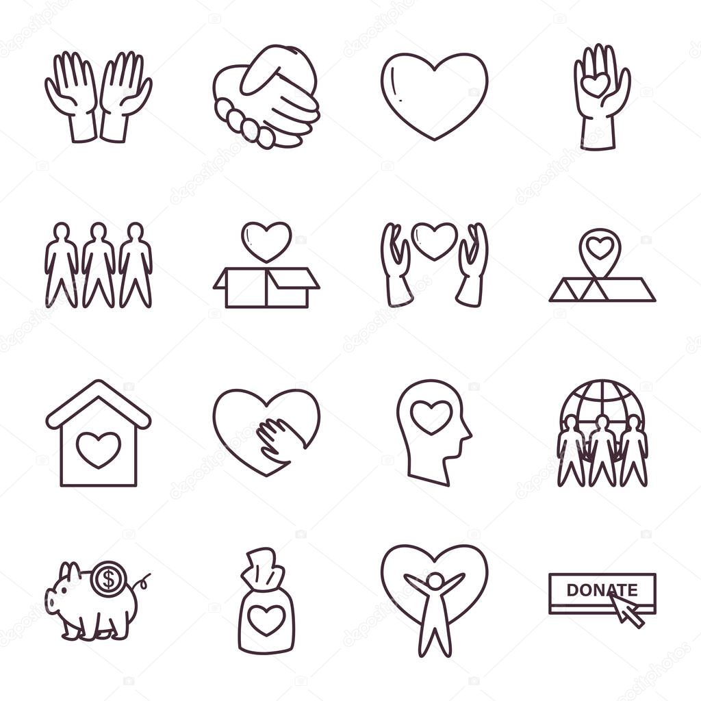 Charity and donation line style icon set vector design