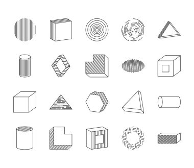 küp ve geometrik şekillerden oluşan simge kümesi, çizgi biçimi