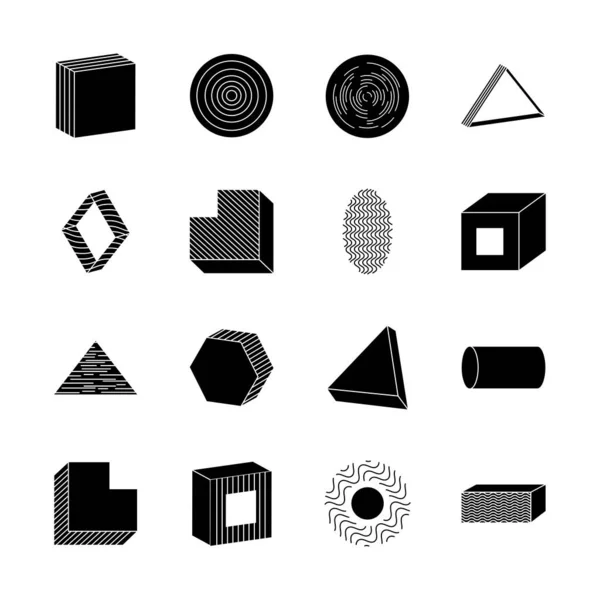 Icono conjunto de cilindros y formas geométricas, estilo silueta — Archivo Imágenes Vectoriales
