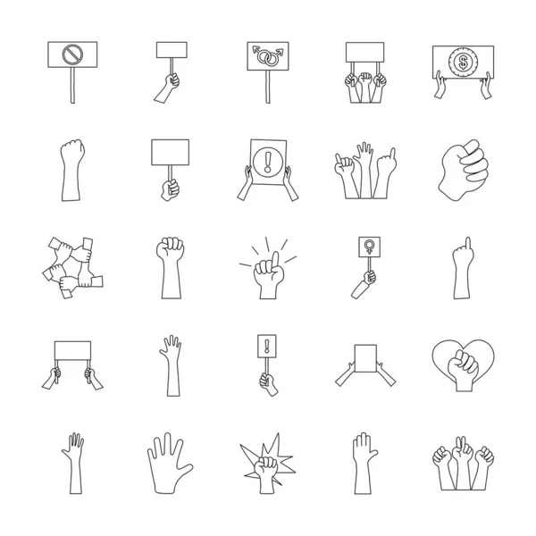 Icono conjunto de manos protestando, estilo de línea — Vector de stock