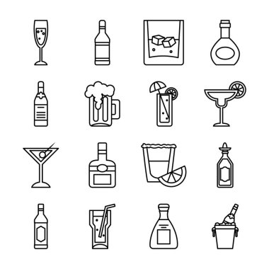 Kokteyller ve içki ikonu seti, sıra tarzı