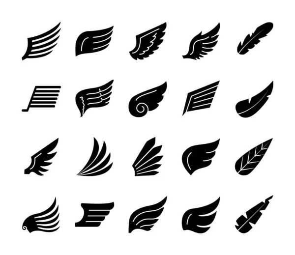Ali di uccello e set di icone ali, stile silhouette — Vettoriale Stock