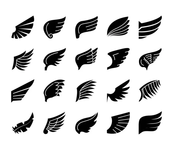 Ícone conjunto de asas e asas tribais, estilo silhueta — Vetor de Stock