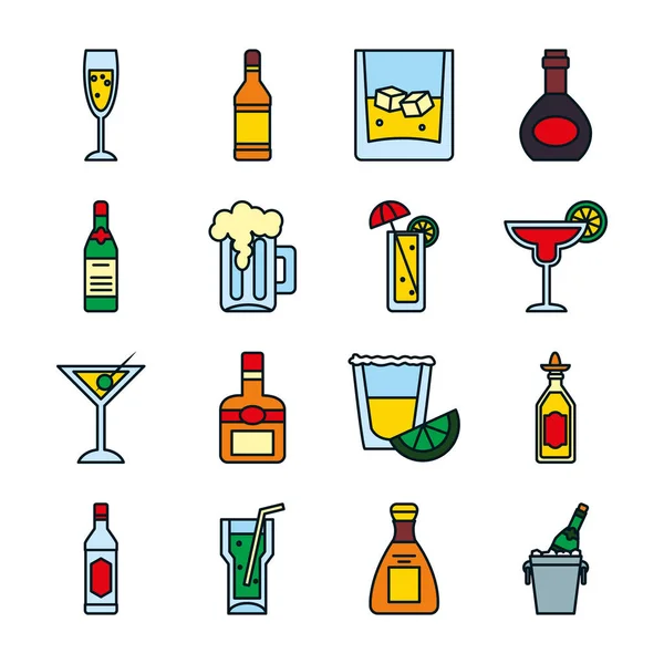 Cocktails et liqueur icône ensemble, ligne et style de remplissage — Image vectorielle
