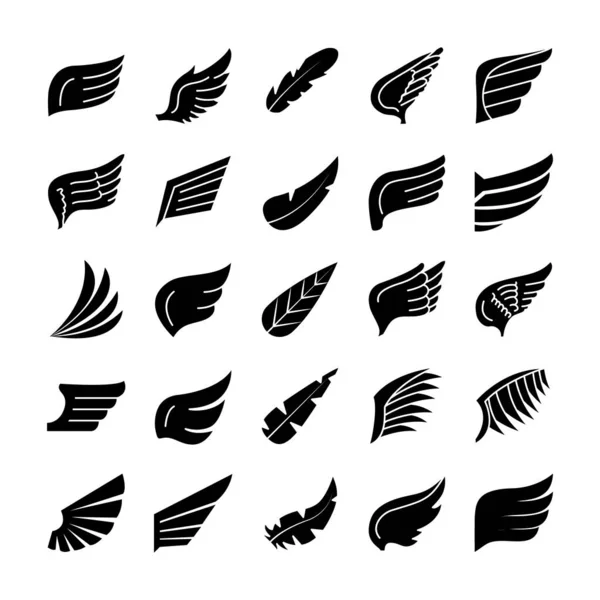Flügel und Federn Icon Set, Silhouette-Stil — Stockvektor