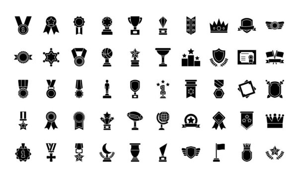 crowns and badge icon set, silhouette style