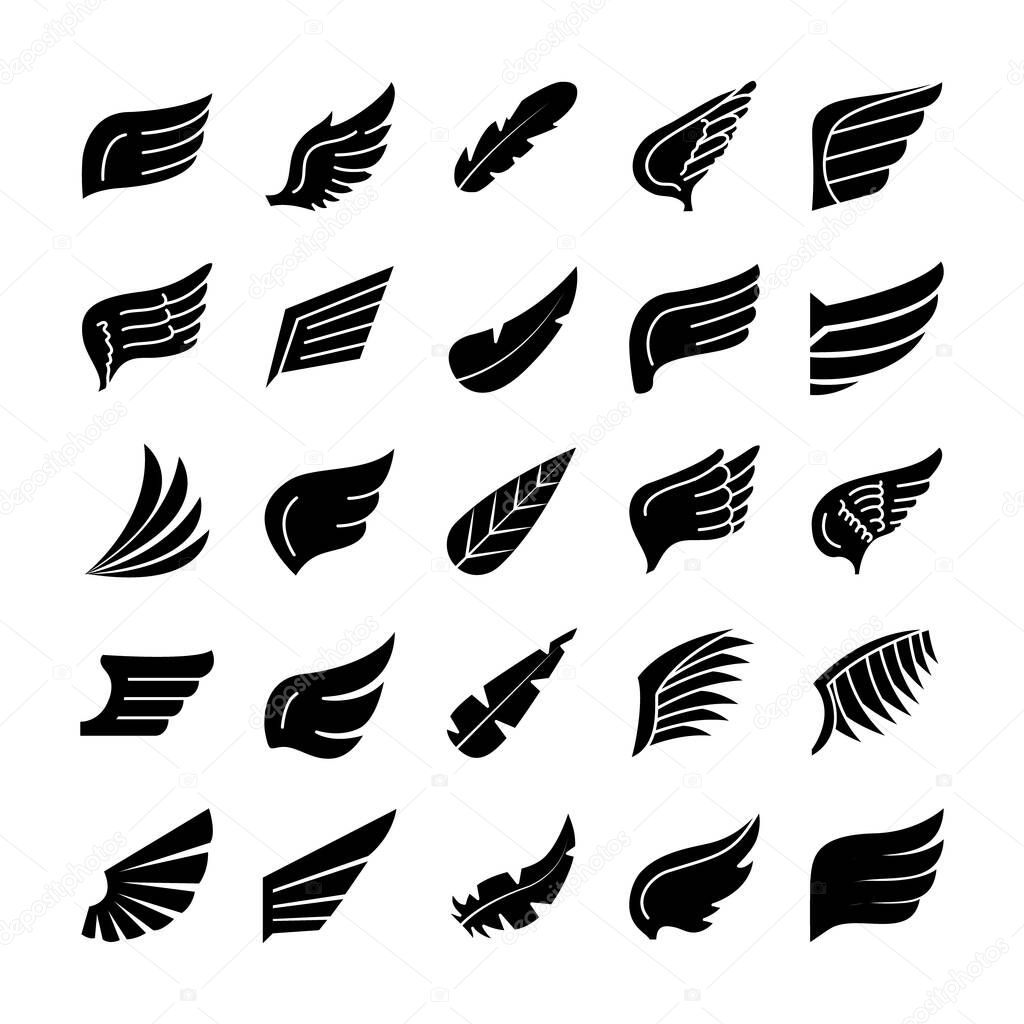 wings and feathers icon set, silhouette style