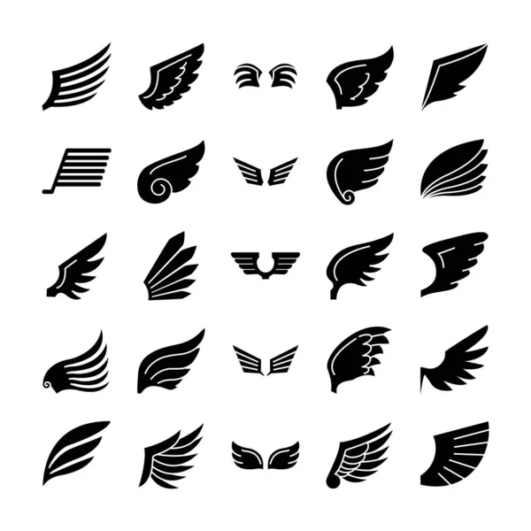 Ícone conjunto de asas e asas de falcão, estilo silhueta — Vetor de Stock