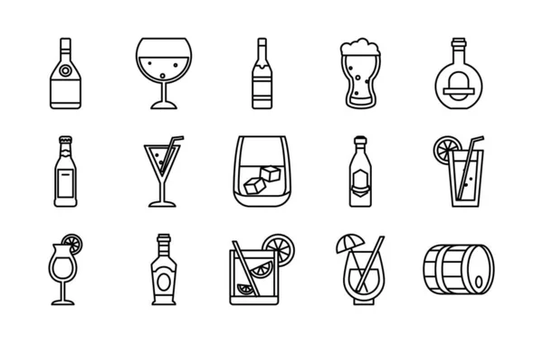 Copa de vino y licor botellas icono, estilo de línea — Vector de stock