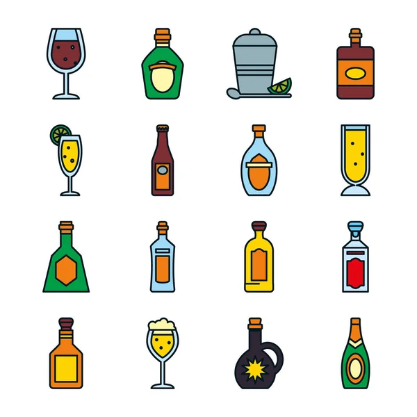 Botellas de whisky y botellas de licor icono conjunto, línea y estilo de llenado — Vector de stock